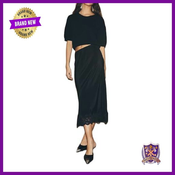 Silk Satin Midi Skirt with Lace Trim, Elastic Waist, Flowy A-Line - Picture 2 of 5